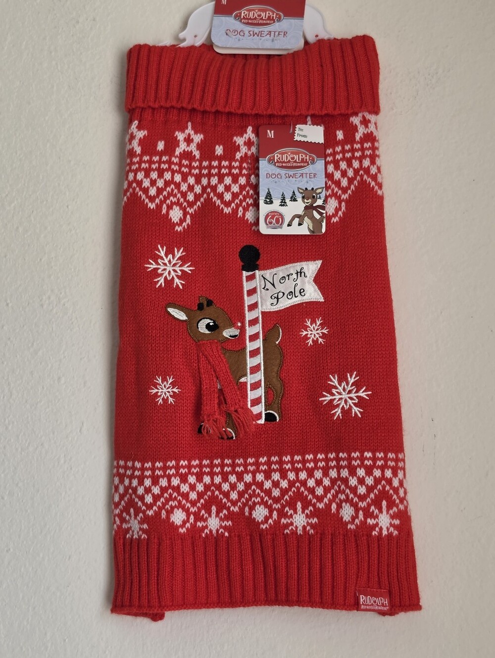 Red Rudolph Reindeer Dog Sweater Size Medium Red Nose